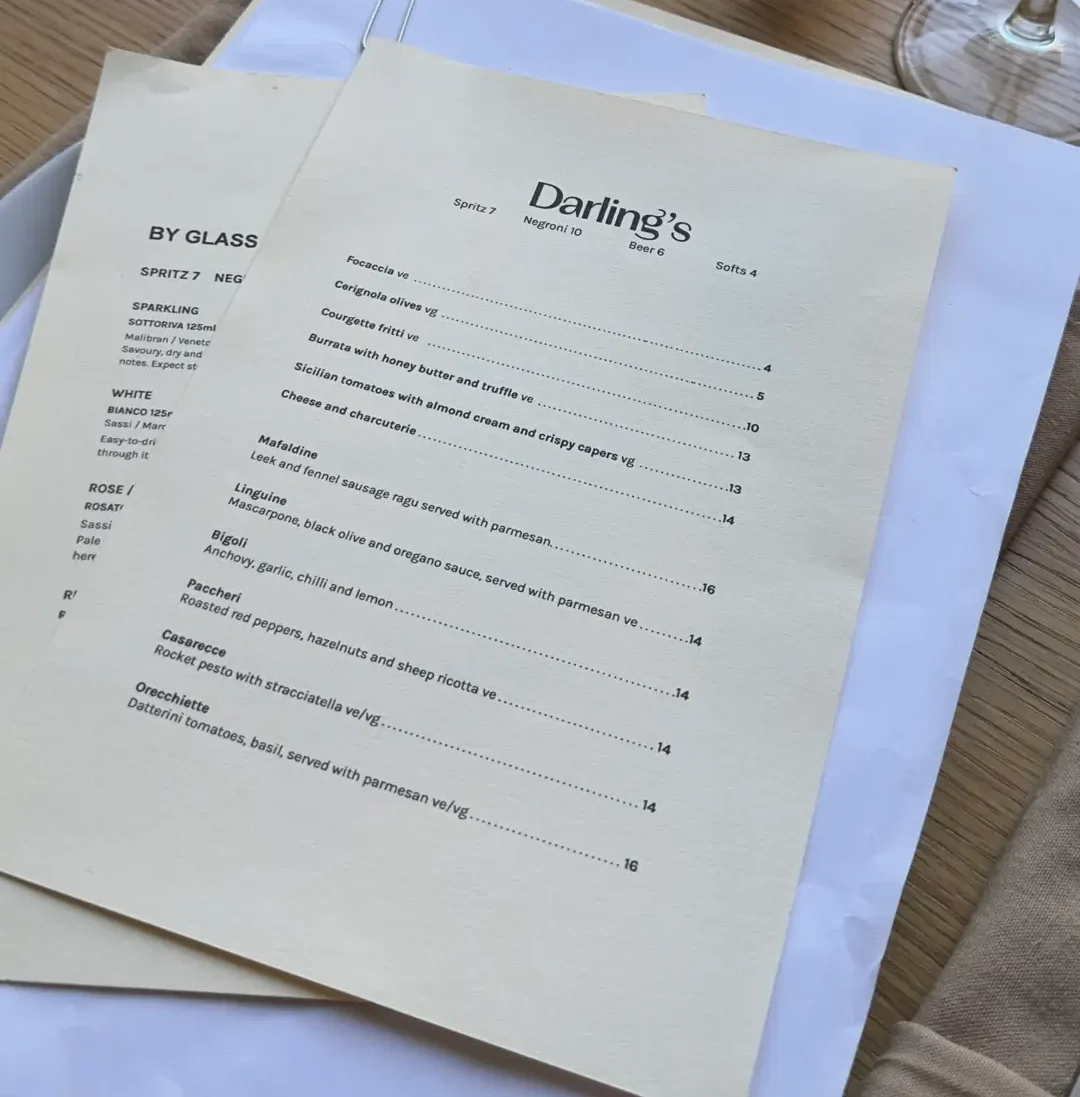 Darling's Menu showcasing traditional Italian starters and pasta dishes.