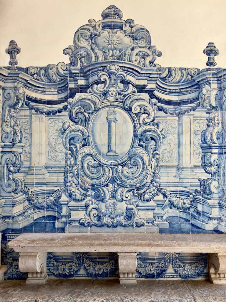 World-famous Portuguese white and light blue tiles and a bench