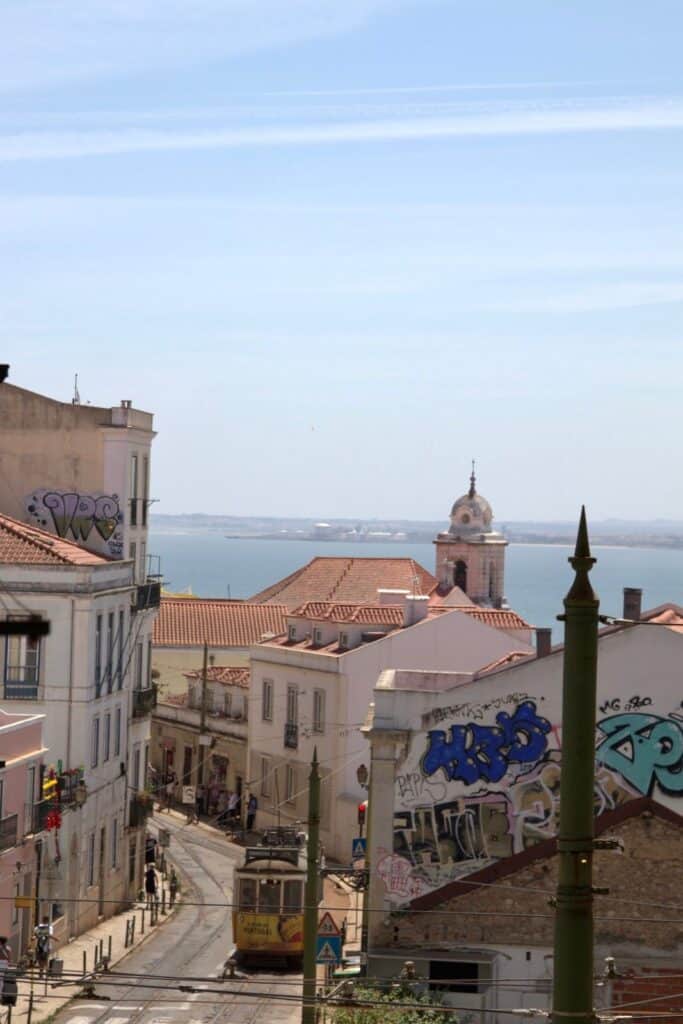 a view of the traditional tram 28 passing in Alfama's streets