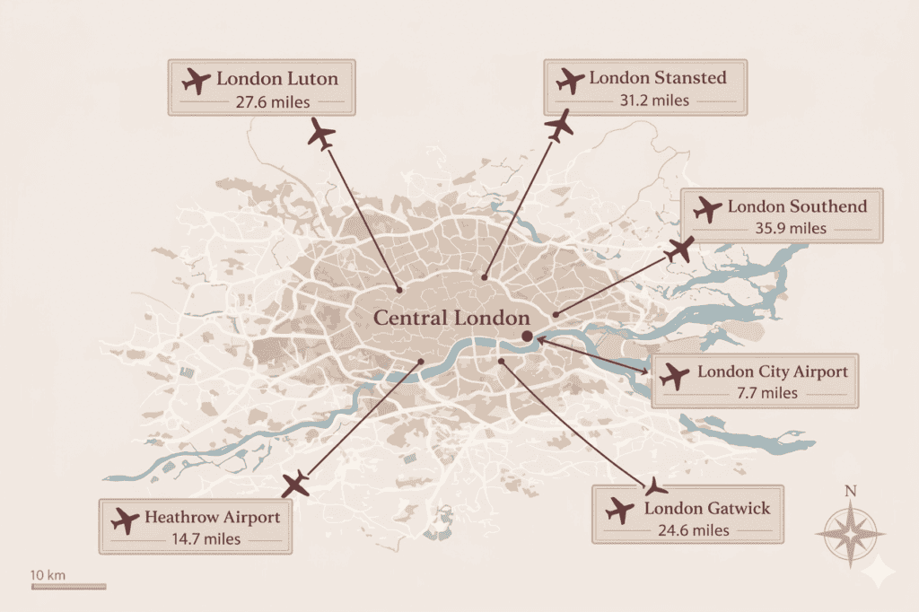 Aesthetic map of London with its airports and distances to help those who visit London for the First time to plan their trip