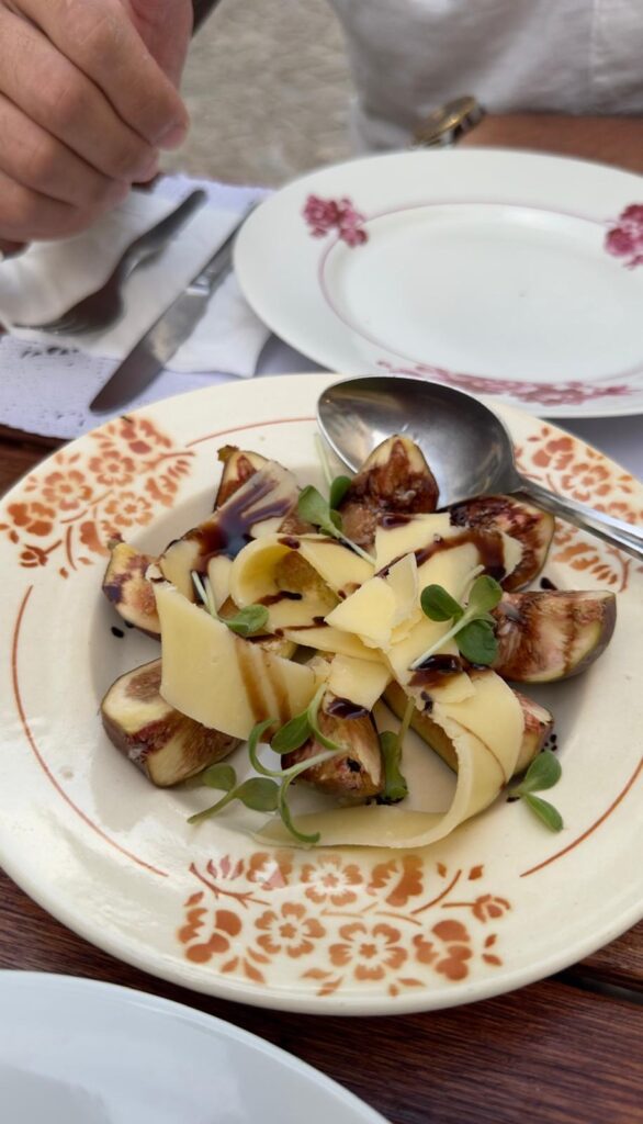 A traditional floral plate from A Venda restaurant served with fresh quartered figs, shaved cheese, microgreens, and a drizzle of dark balsamic glaze.