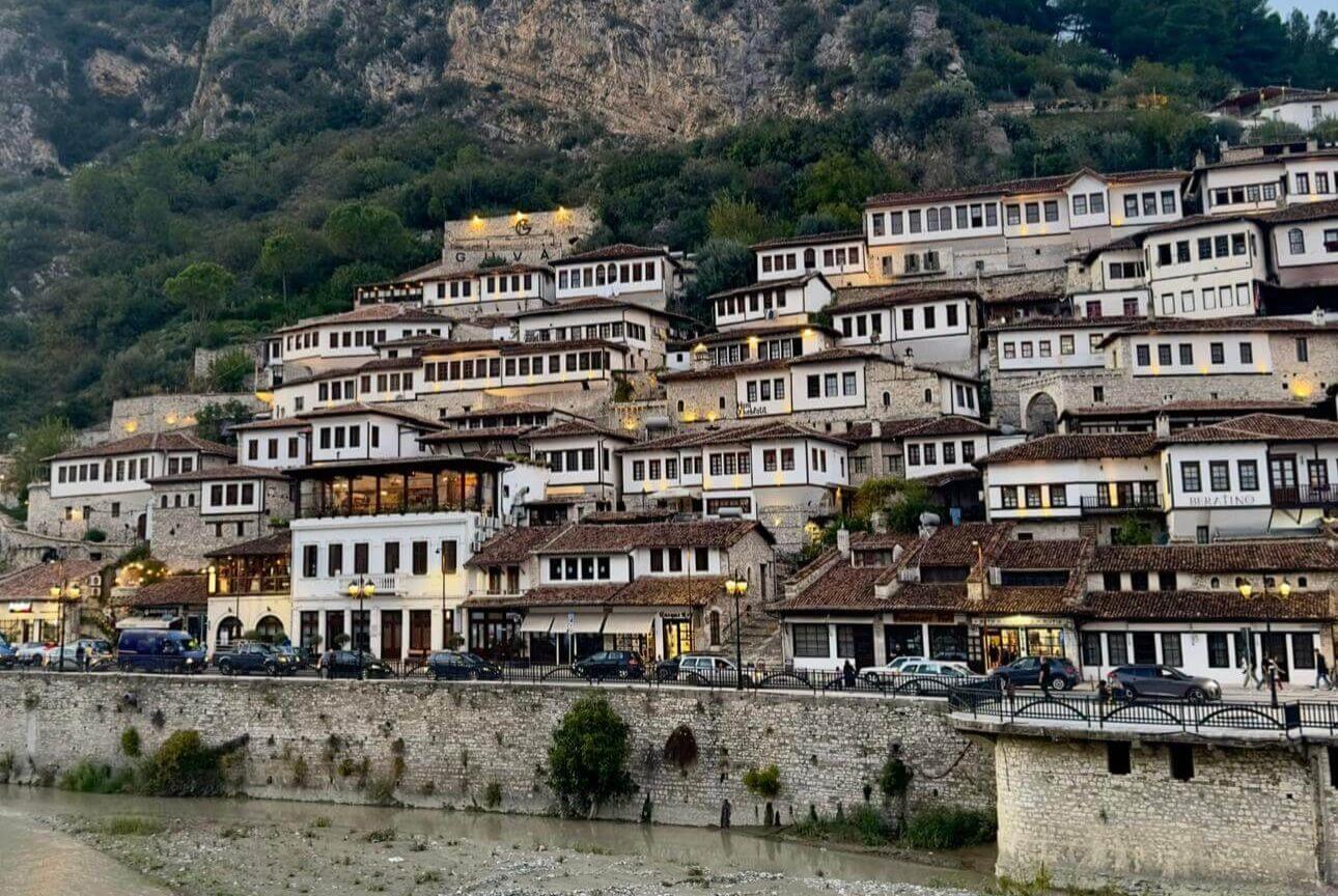 Historic houses in Berat’s Mangalem quarter beneath the castle hill in Albania